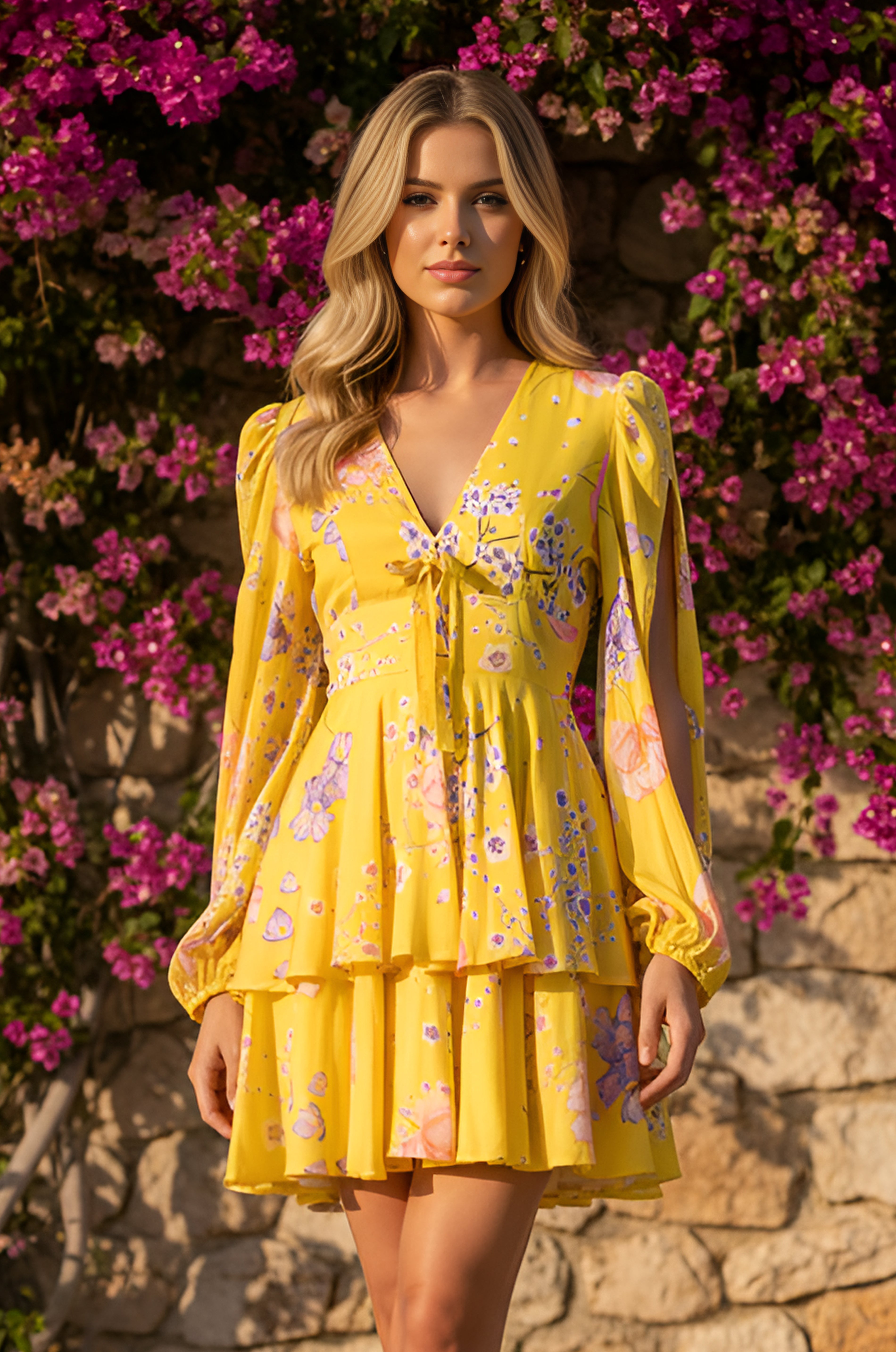 A woman wears the Buttercup Yellow Floral Print Casual Dress: Hannah, featuring ruffled A-line tiers, while standing by a stone wall and blooming pink flowers—an ideal choice for a wedding guest.